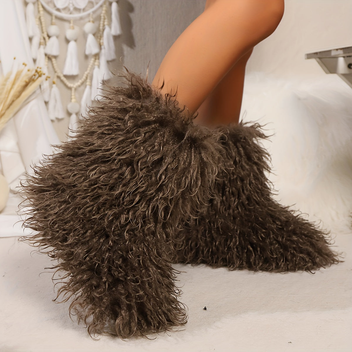 Women's Faux Fur Winter Boots Pull-On Soft Sole Non-Slip Snow Shoes