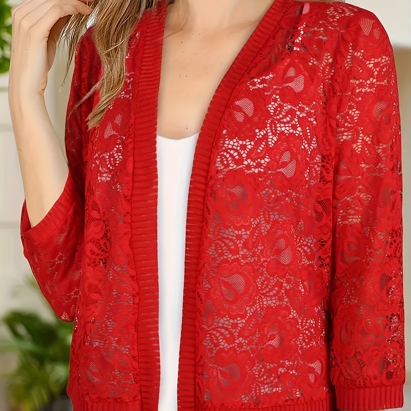 Plus Size Floral Lace Open Front Top Women's Long Sleeve Casual Spring Summer