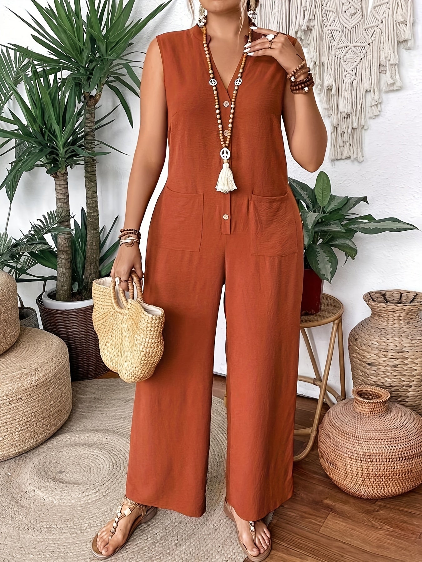 Plus Size Sleeveless Jumpsuit Scoop Neck Cut-Out Pockets Casual Holiday