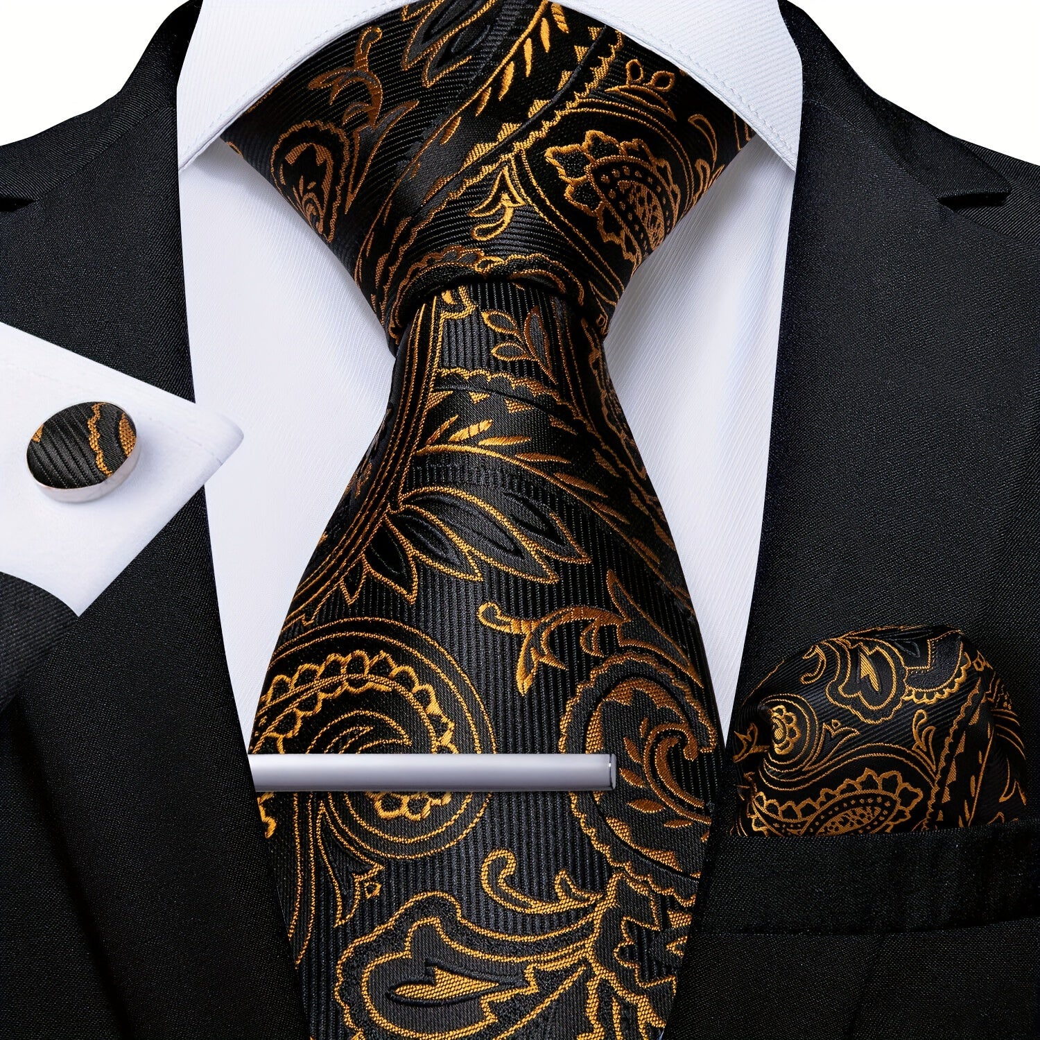 Men's Accessories Set 5 Pieces Tie Cufflinks Handkerchief Pocket Square for Wedding Business Party