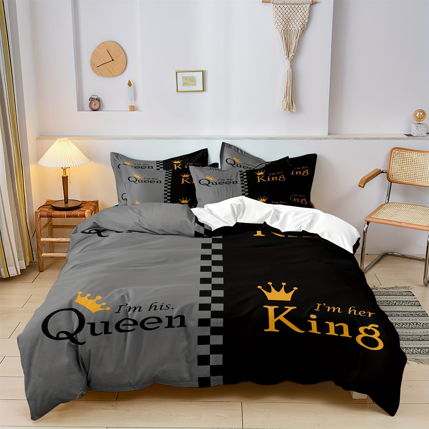 Black and Gray Crown Design Duvet Cover Set for Men Women 2/3pcs Queen King