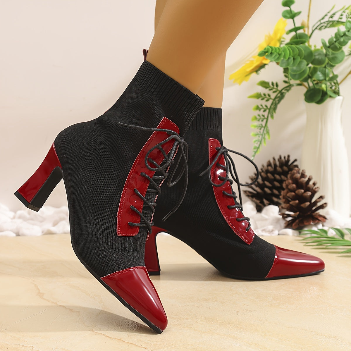 Women's Black and Red Pointed Short Boots Thick Heels Outdoor Shoes