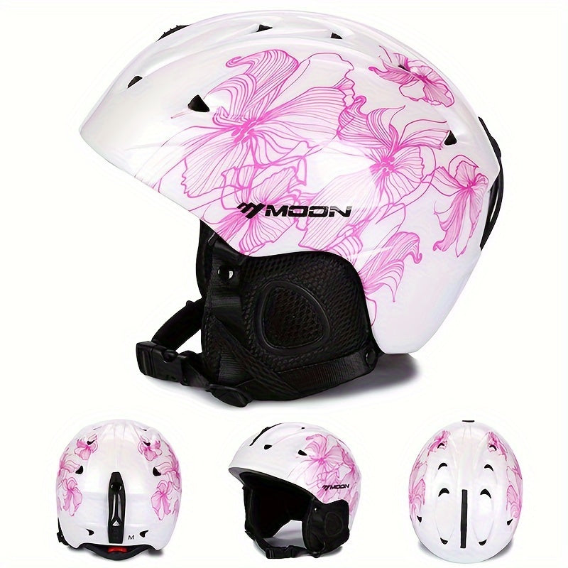 Universal MOON ski helmet, integrally-molded PC material, nafas oladigan ventilar, bosh o'lchamini sozlash mumkin, tish padlari, ko'zoynaklarni qulflash, va olib tashlanadigan quloq padlari bilan, qor sportida kattalar xavfsizligi uchun.