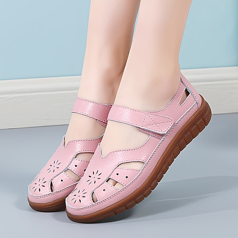 Women's Breathable Leather Sports Sandals with Hook and Loop Fastener and Cut Out Design