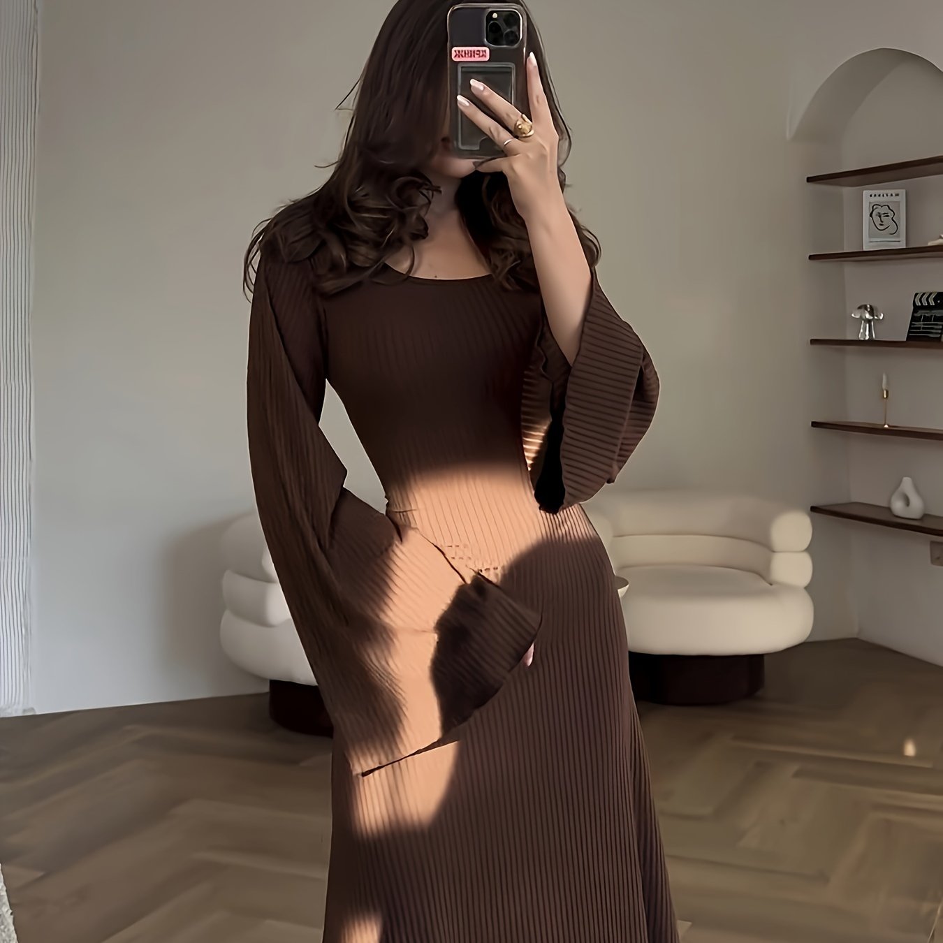 Women's Solid Color Ribbed Knit Dress with Long Bell Sleeves and Back Tie