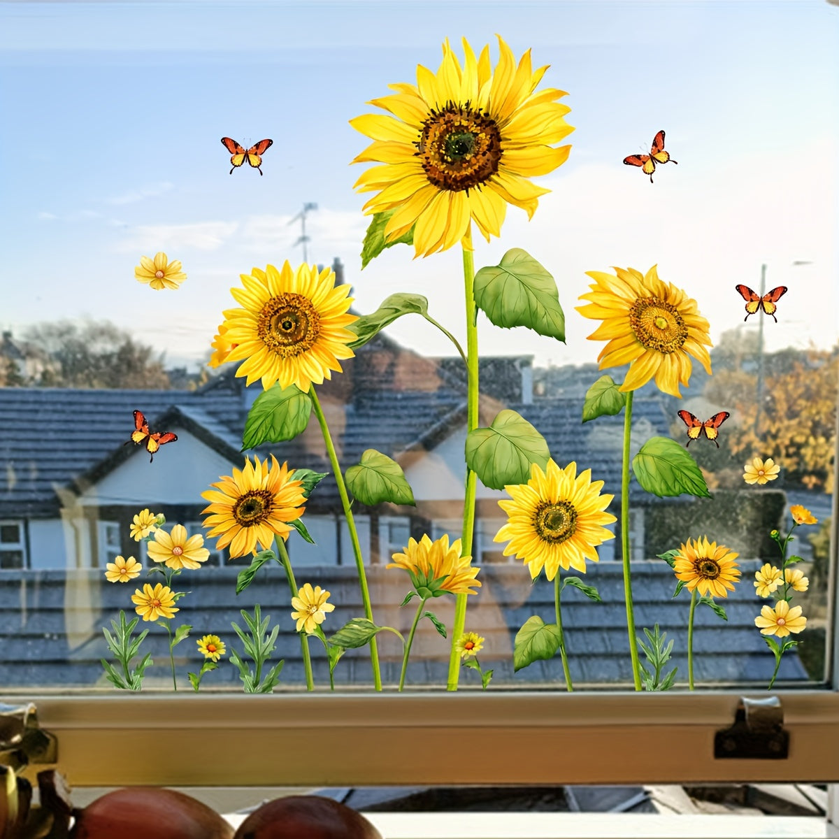 Sunflower Butterfly Window Film Static Cling Vinyl Decals Reusable Clear Decorative Glass Cling