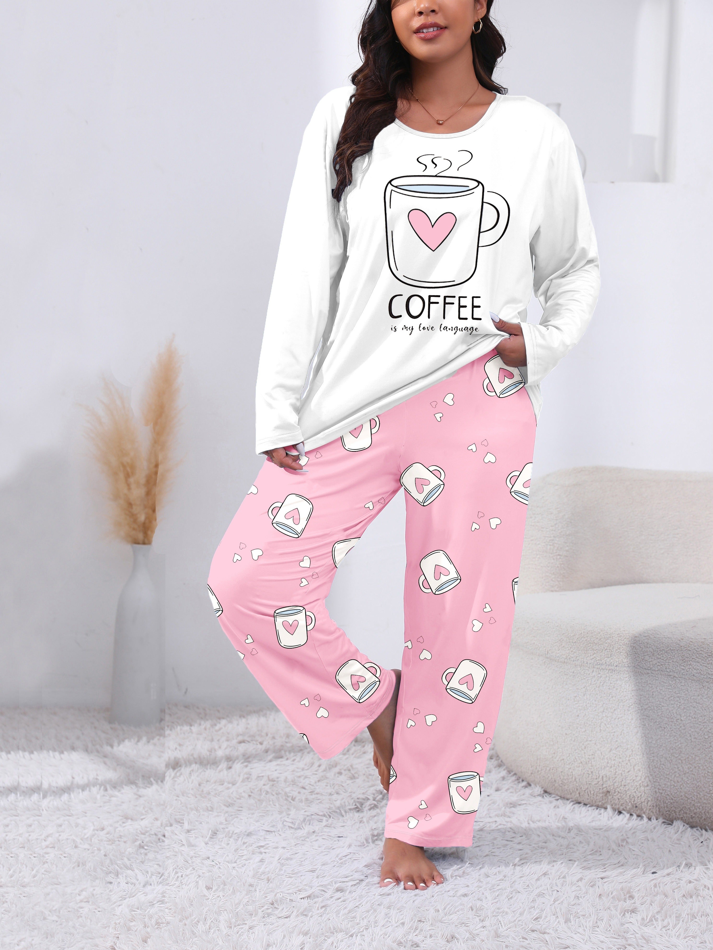 Plus Size Women's Coffee Themed Pajama Set Long Sleeve Pink Heart Coffee Cup