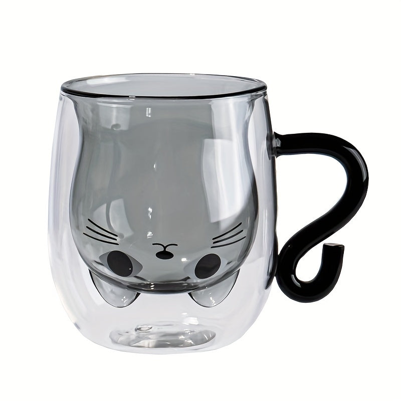 Double Walled Glass Coffee Mug with Cat Design Reusable Cup for Hot Cold Drinks