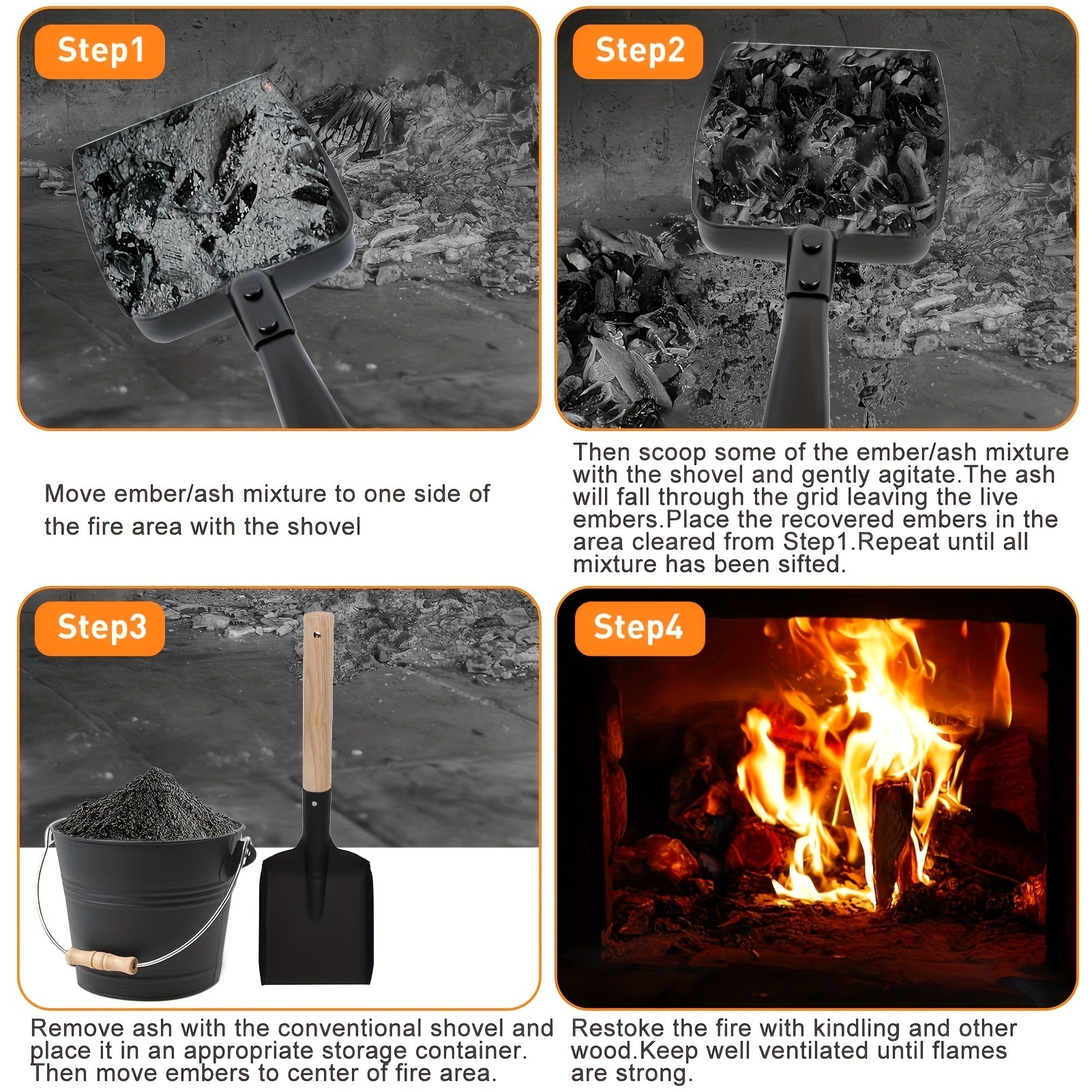Iron Ash Sifter with Heat Resistant Handle 33cm Coal Shovel for Fireplace and Fire Pit