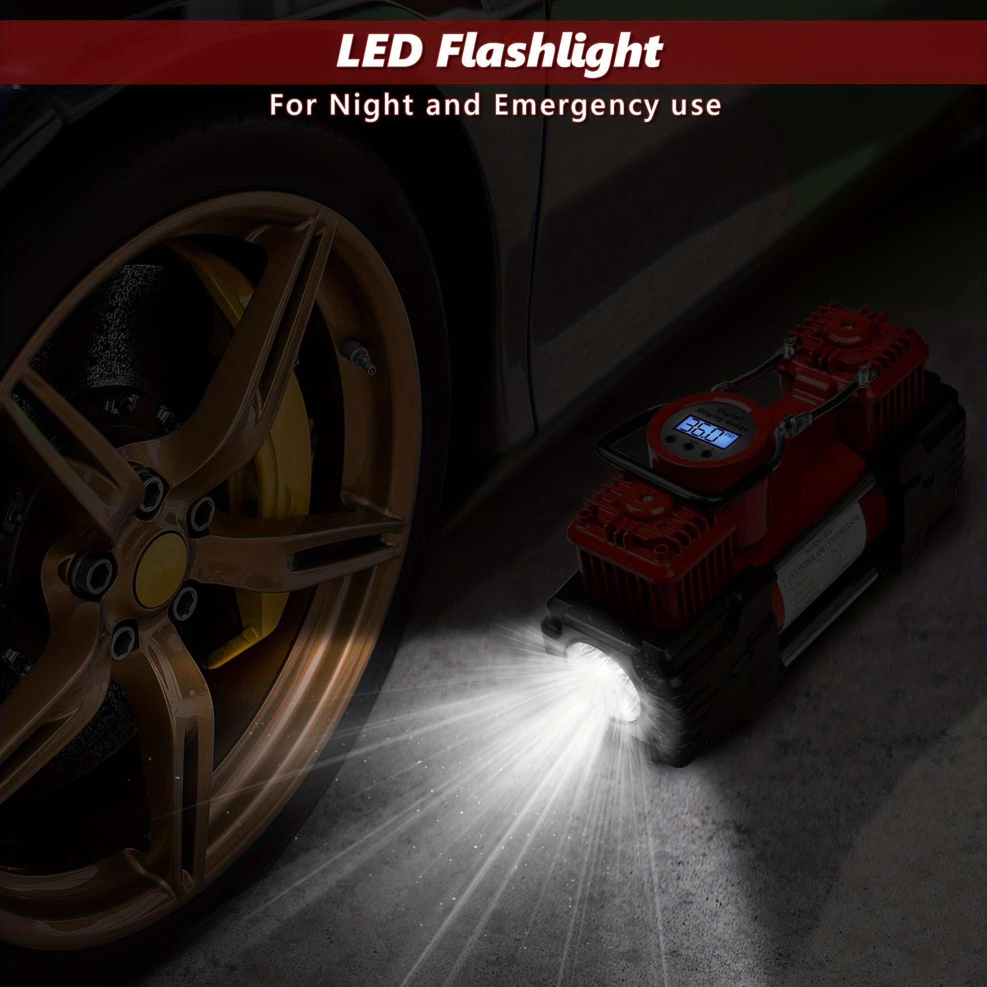 Портативный тяжелый двухцилиндровый воздушный компрессор 12 В с цифровым манометром