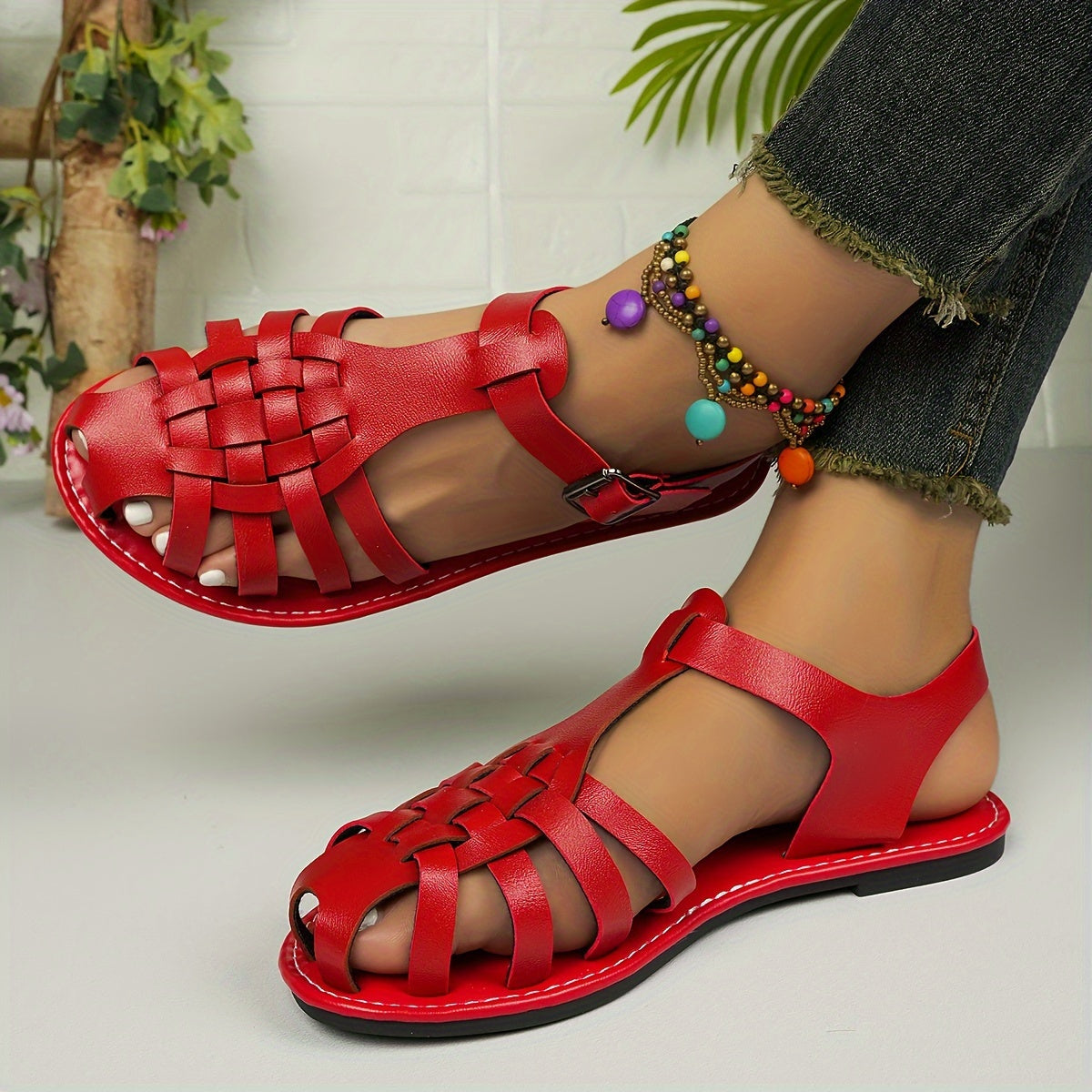 Women's Woven Closed-Toe Roman Sandals Adjustable Buckle Flat Summer Shoes