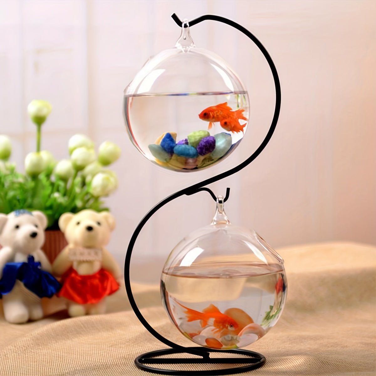 Hanging Fish Tank with Stand and Two Small Glass Mini Aquariums Tabletop Aquarium
