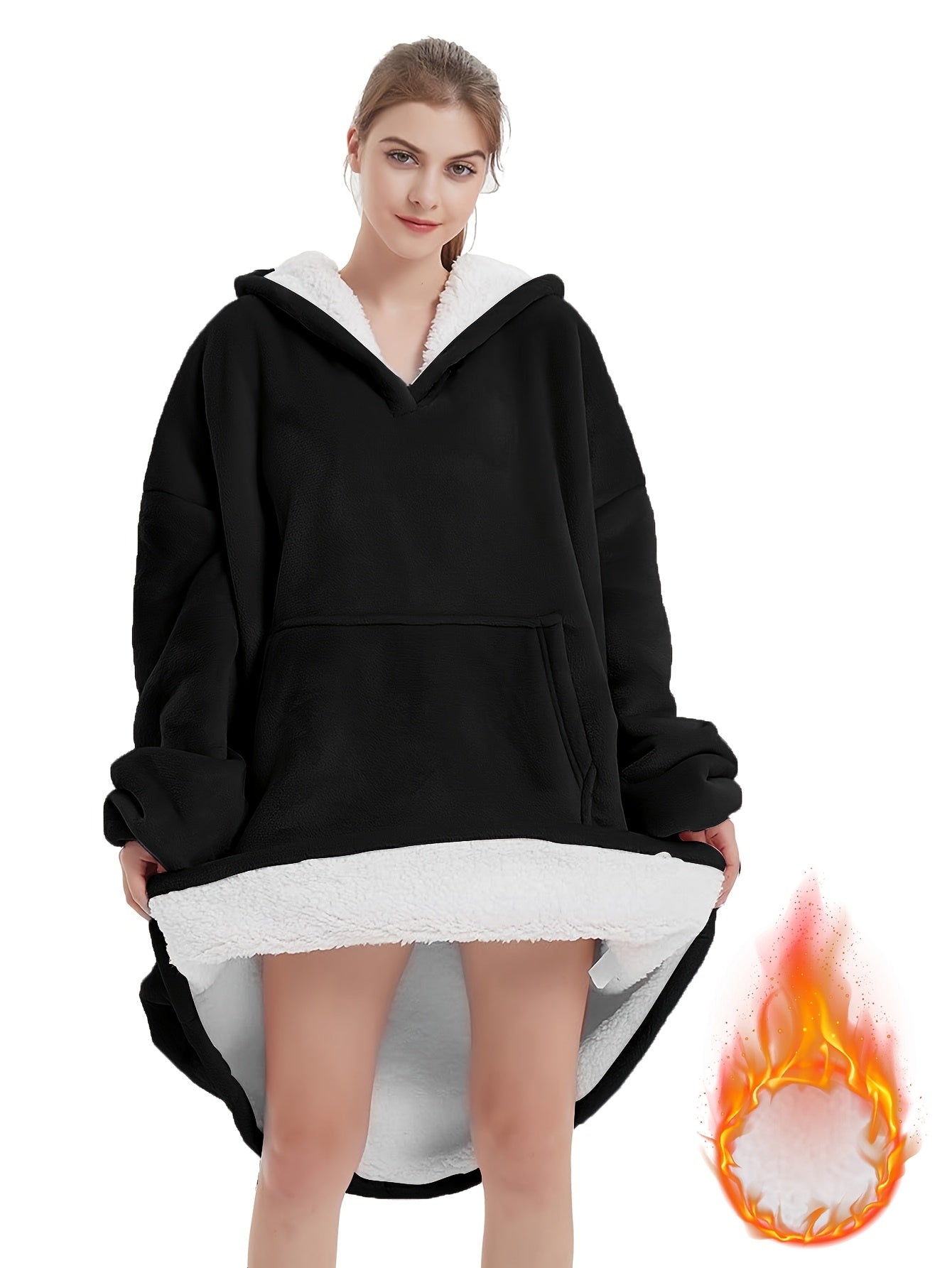 Women's Navy Blue Fleece Hooded Lounge Robe Warm Long Sleepwear