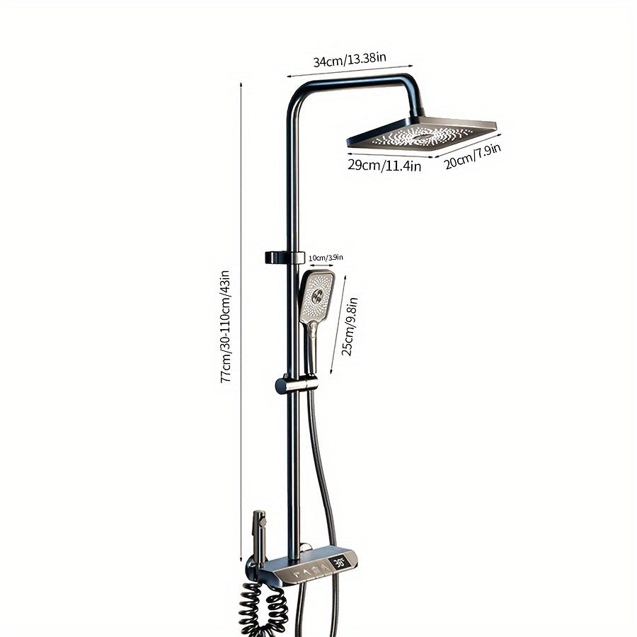 Душевая головка высокого давления размером 12 дюймов с ручным душем с 4 функциями, изготовленная из металла и пластика. Не требует электричества или батареек, включает в себя дисплей температуры.