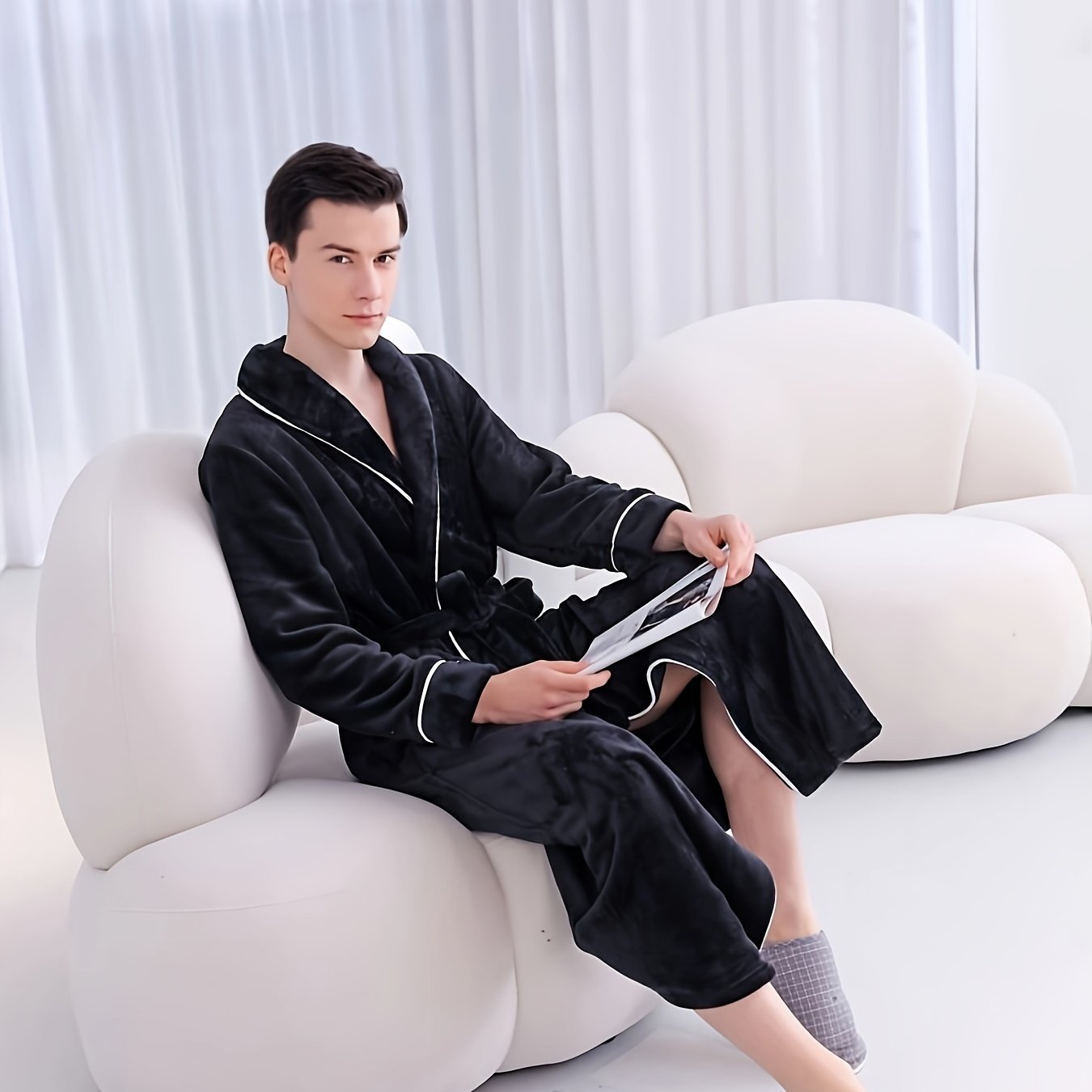  bata de franela para hombres y mujeres, otoño e invierno, manga larga, con bolsillos, cinturón, casual