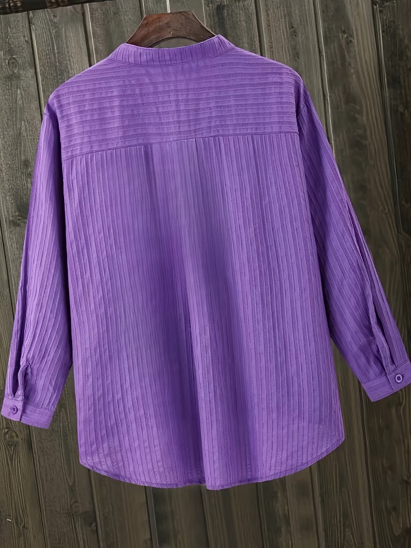 Women's Linen Blend Long Sleeve Shirt with Lapel Collar and Woven Button Details