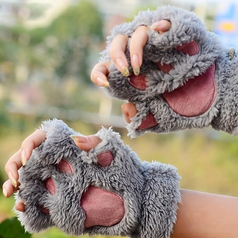 Cute Cat Claw Plush Gloves for Women Warm Fuzzy Half Finger Autumn Winter