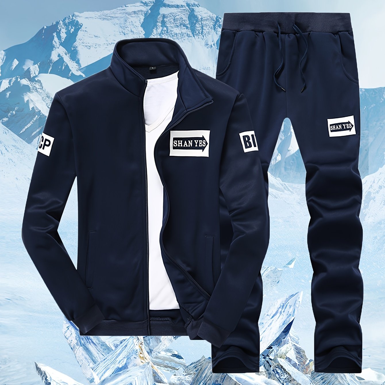 Erkaklar Bahor/Kuz Ko'k Rangli Sport Kostyum To'plami "SPORT" Print bilan, Zip-Up Yengli Kurtka va Joggerlar, 100% Polyesterdan tayyorlangan, Cho'zilmaydigan Matodan, Cho'ntaklar bilan.