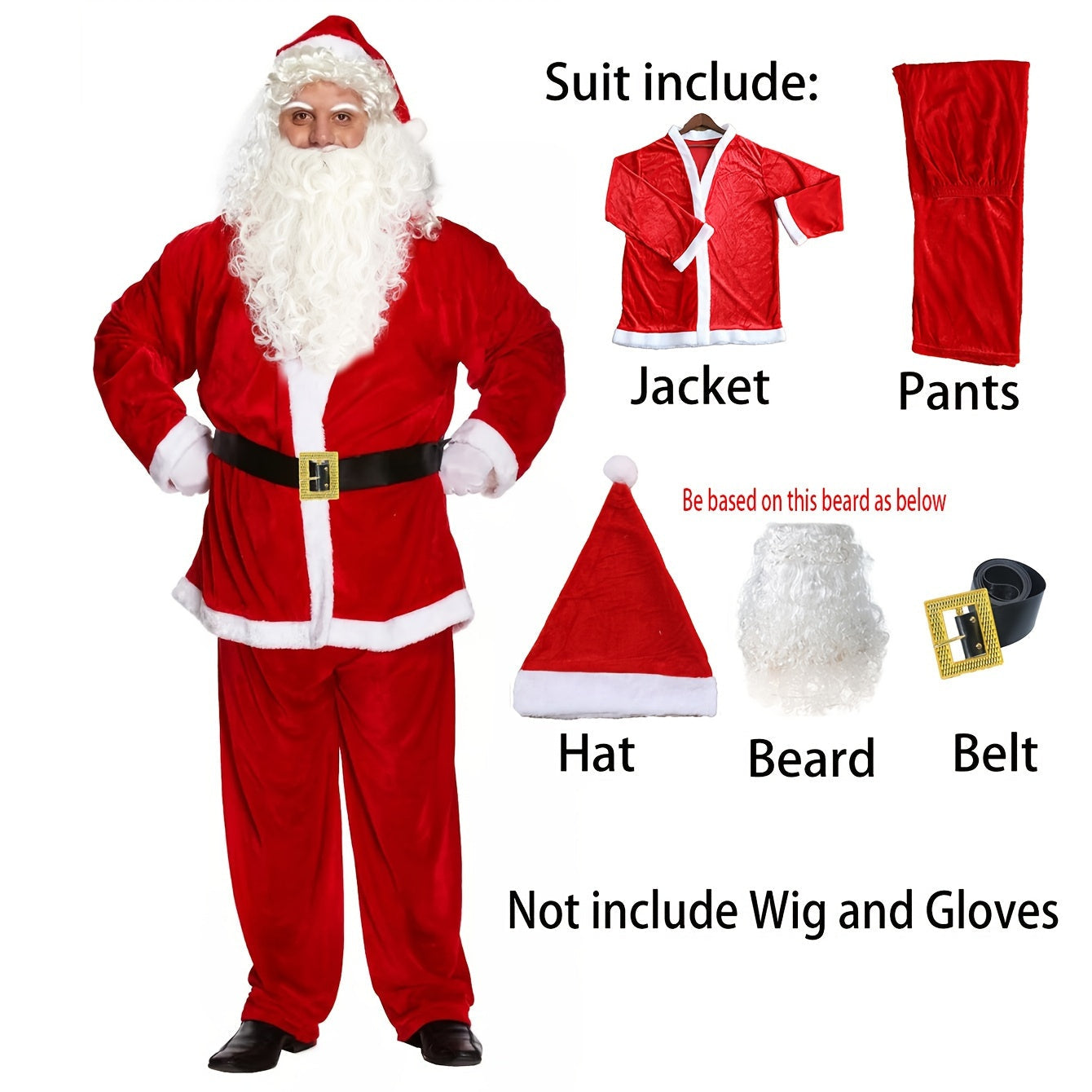 Stylish Santa Claus Costume 5-Piece Red Coat Trousers Hat Beard for Holiday Dress Up