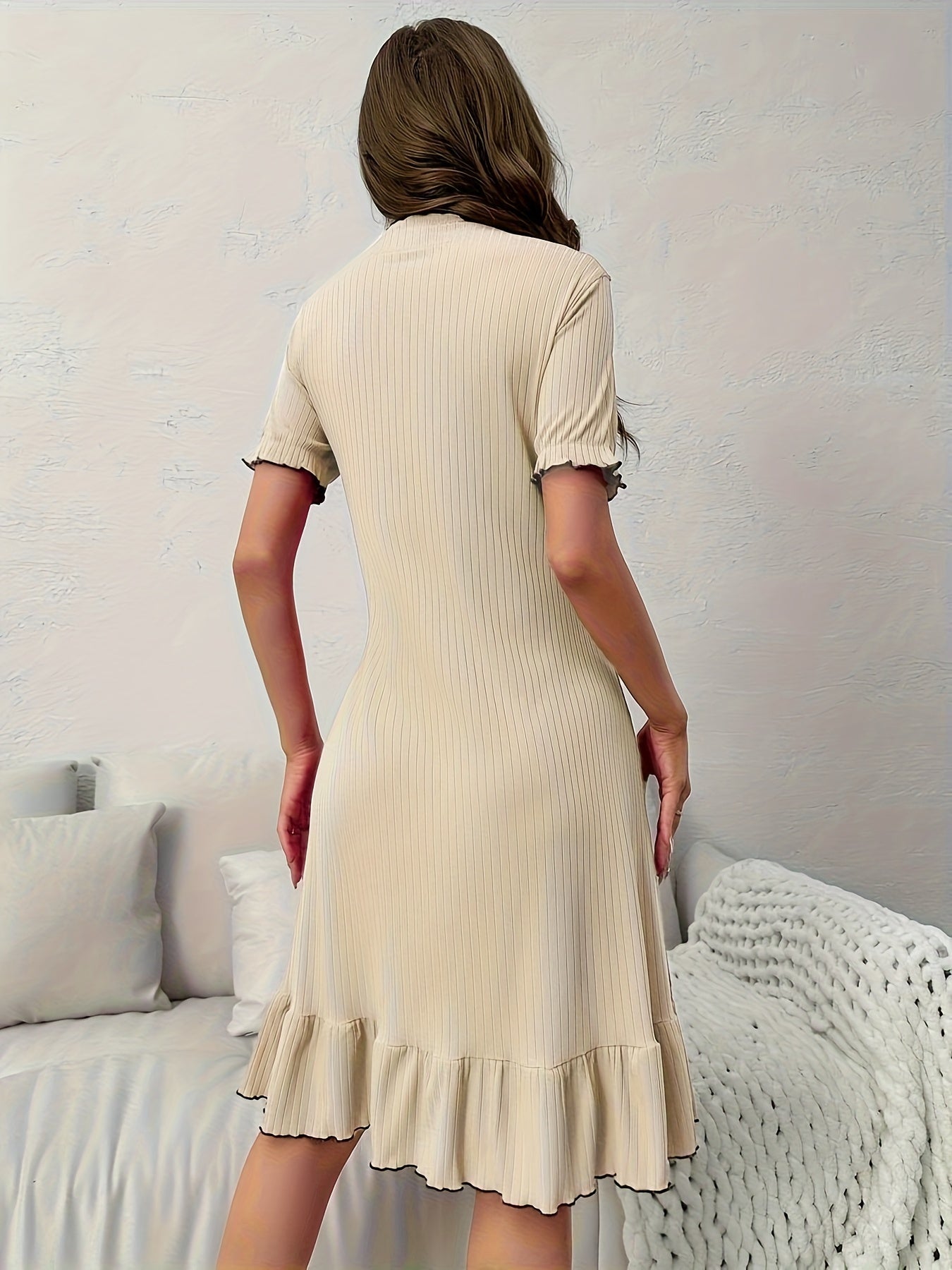 Vestido casual de primavera y verano para mujer con dobladillo de encaje en contraste y escote en V