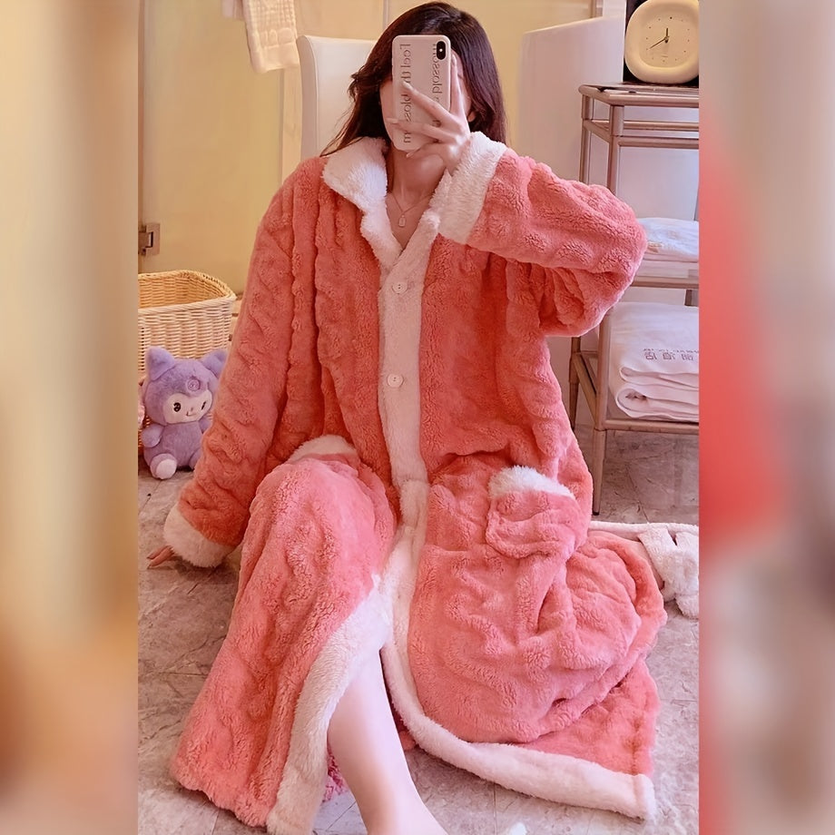 Pink Coral Velvet Women's Bathrobe with Contrast Trim Cozy Lounge Wear