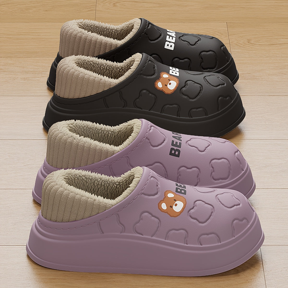 Women's Slip-On Bear Slippers Indoor Outdoor Non-Slip EVA Beige Black