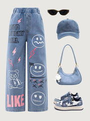 Girls' Wide Leg Denim Jeans for Girls Over 3 Years Cartoon Bear Letter Print Street Style