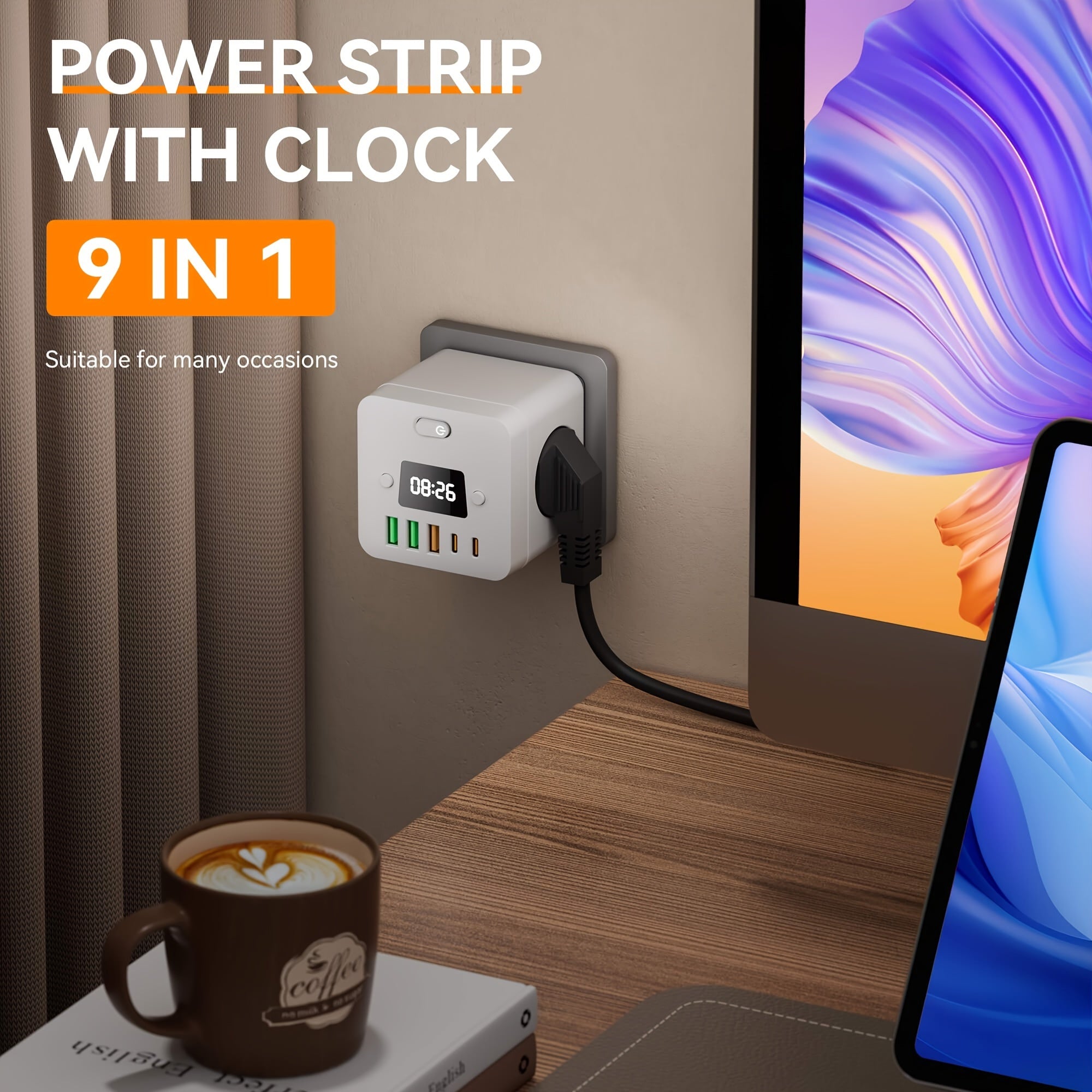 Advanced 9-in-1 Power Strip Surge Protector with USB-C and Clock for Home Office Travel