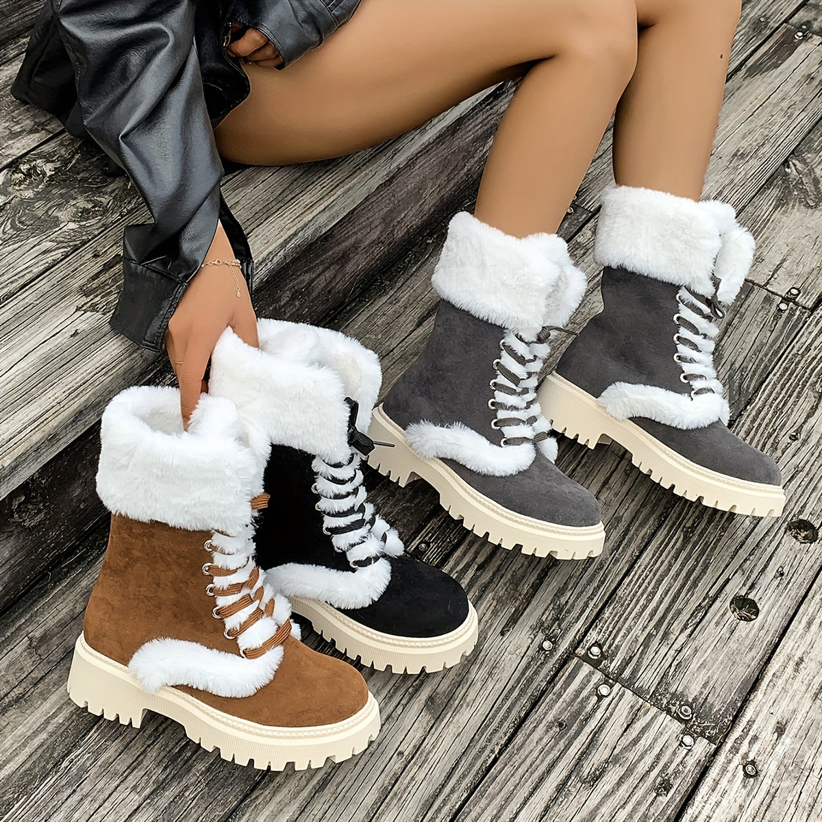 Women's Fleece-Lined Winter Snow Boots Mid-Calf Lace-Up Faux Fur Black Brown