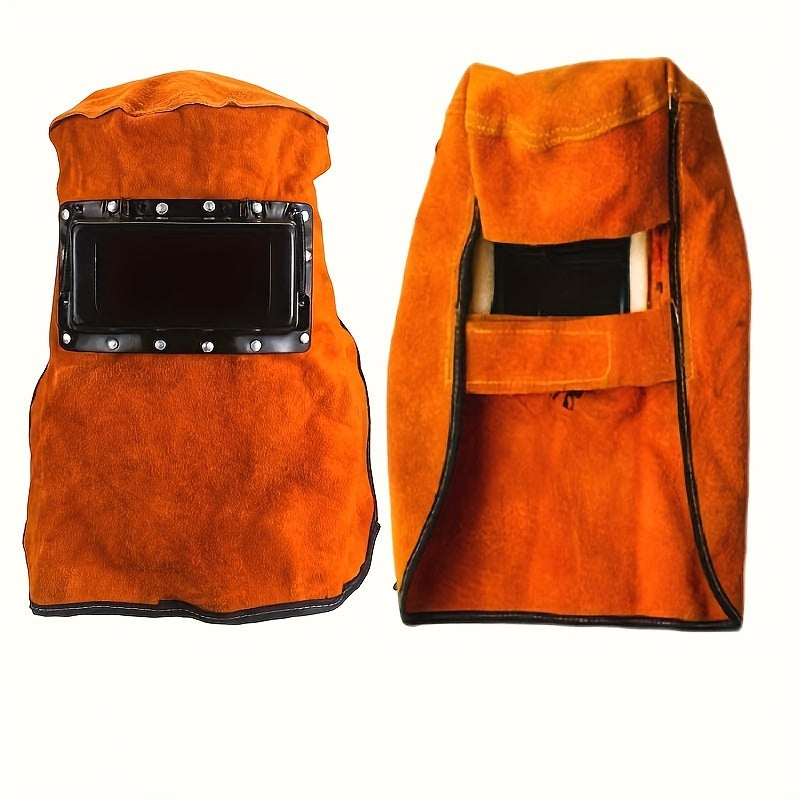 Orange Auto Darkening Welding Helmet with Clear Viewing Window and Faux Leather Hood