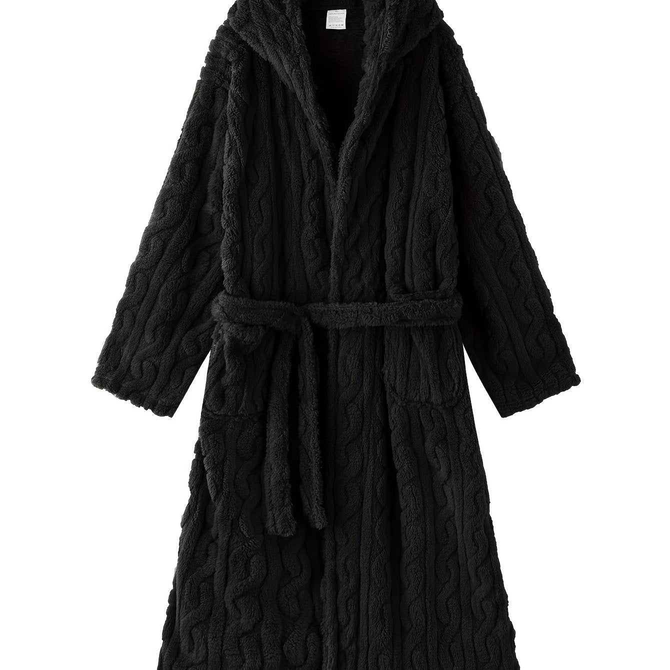 bata de felpa para mujer con capucha, manga larga, cinturón, bolsillos, otoño e invierno, punto, poliéster