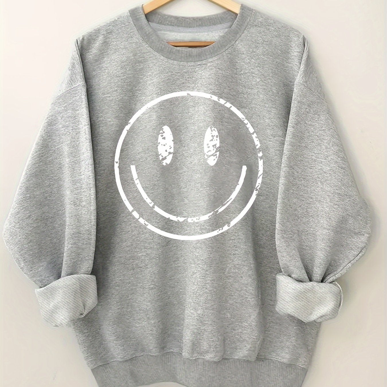 Plus Size Women's Cotton Smile Face Print Sweatshirt Long Sleeve Crew Neck