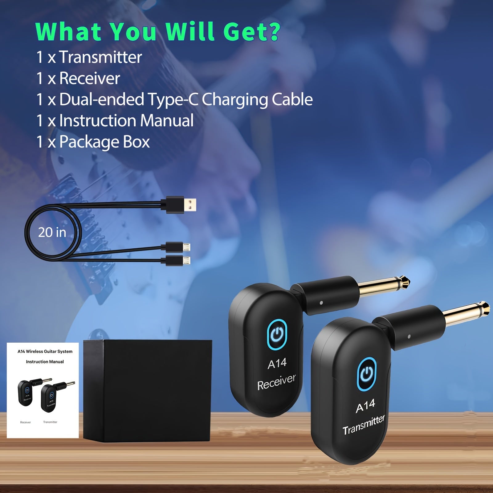 Sistema inalámbrico de guitarra de 2.4GHz con transmisor y receptor recargables negro