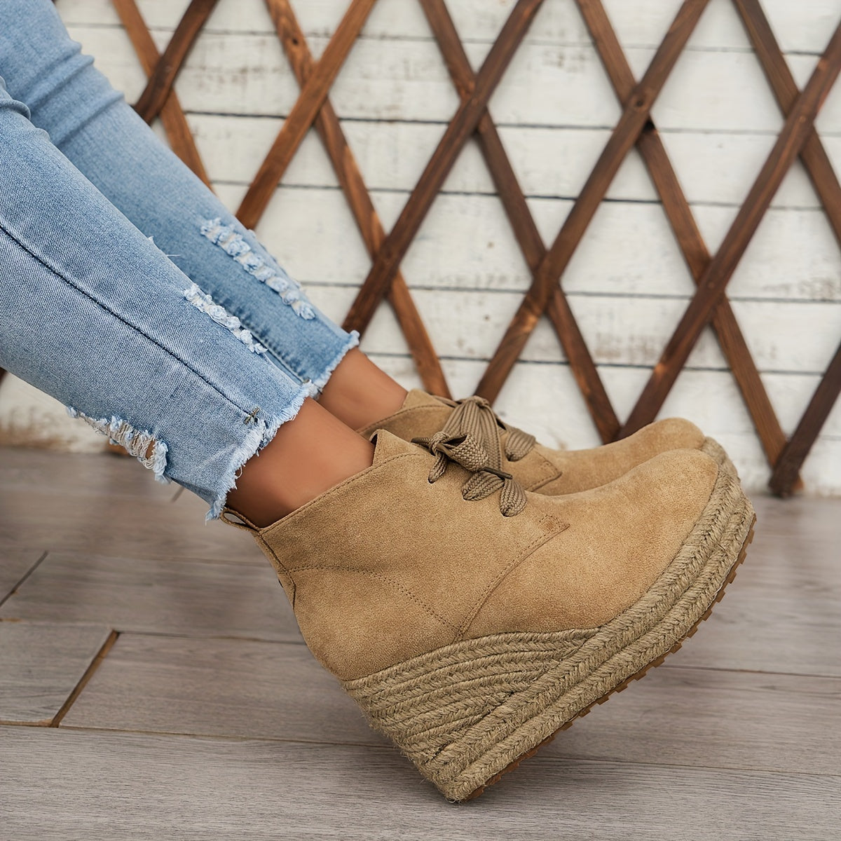 Women's Casual Lace-Up Ankle Boots with Woven Jute Platform Heel