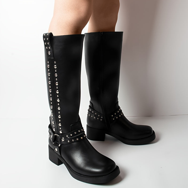 Women's Knee High Boots Leather Rivet Decor Square Toe Block Heel