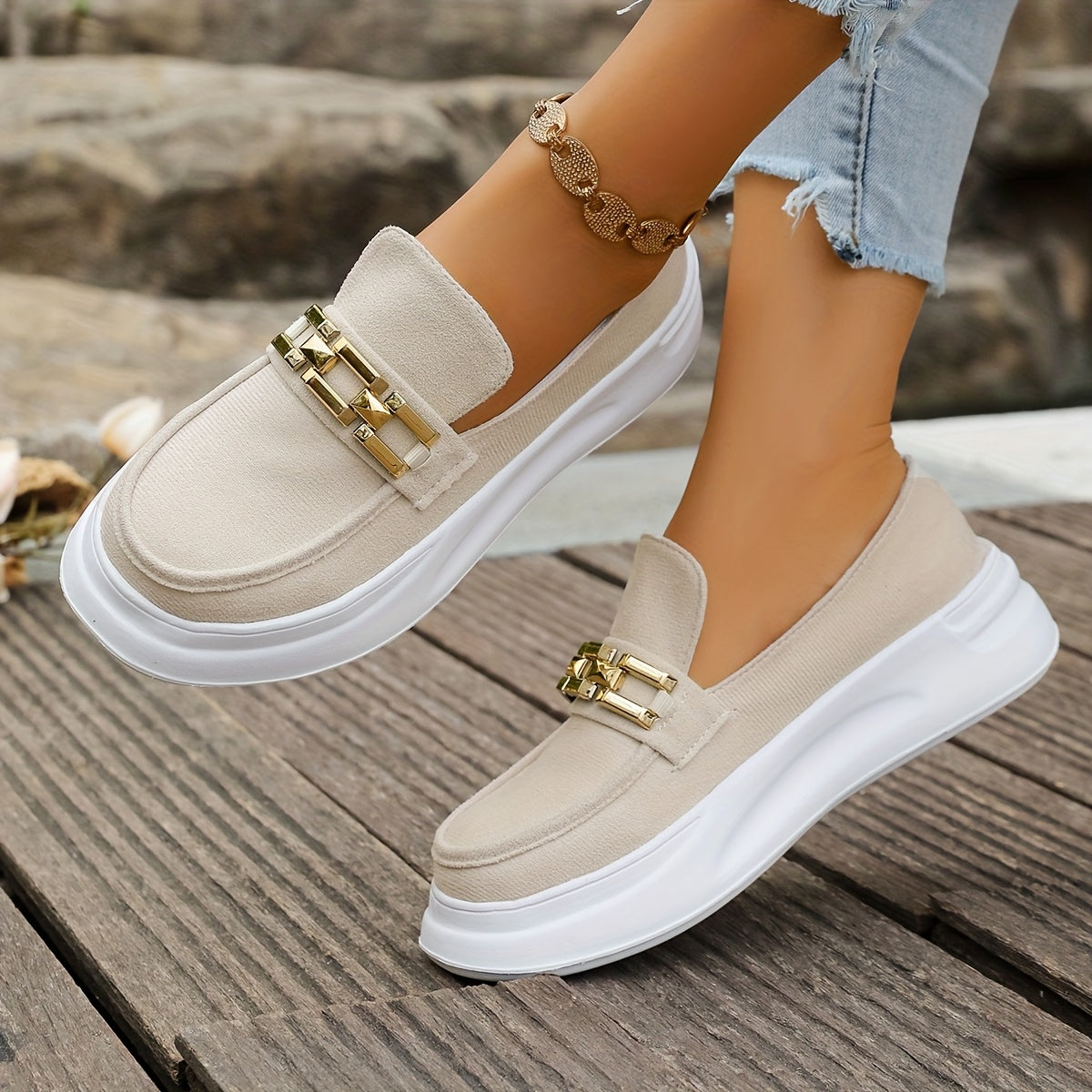 Women's Slip-On Platform Shoes Beige Cushioned Sole Casual Office Slip-Ons