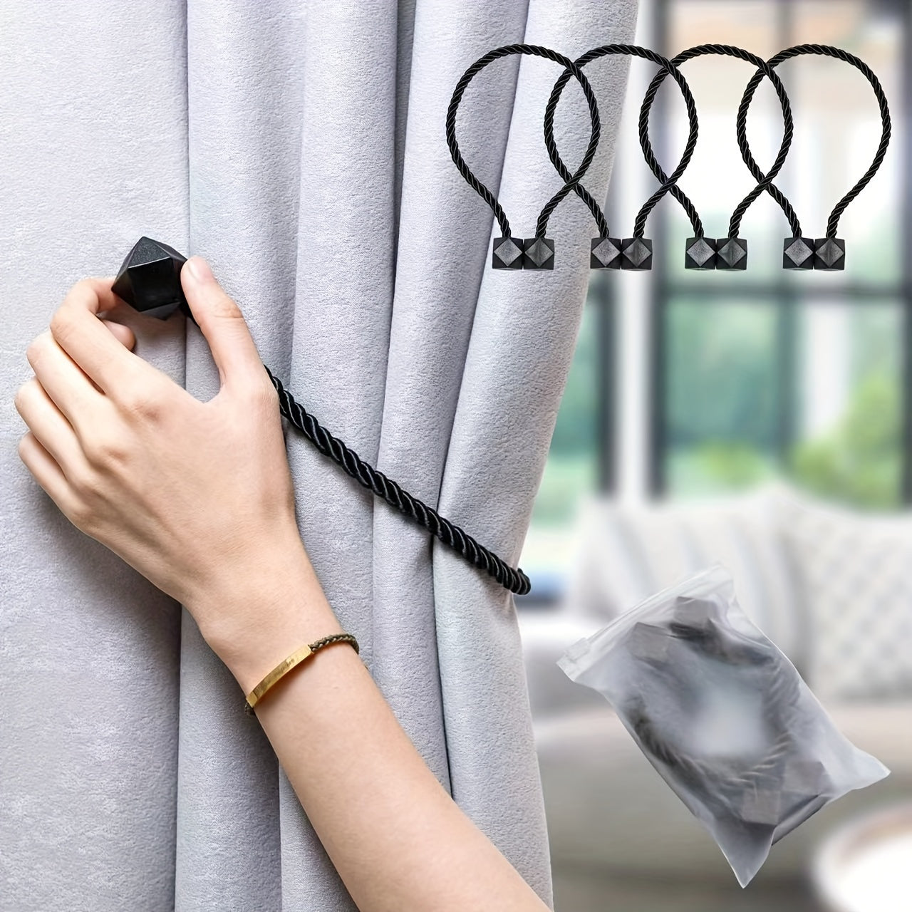 Rope-Style Magnetic Curtain Tiebacks for Living Room and Home Decor