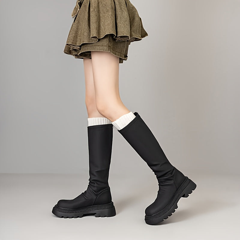 Women’s Chunky Heel Mid-Calf Boots Fabric Lining Zipper Solid Color Fall Winter