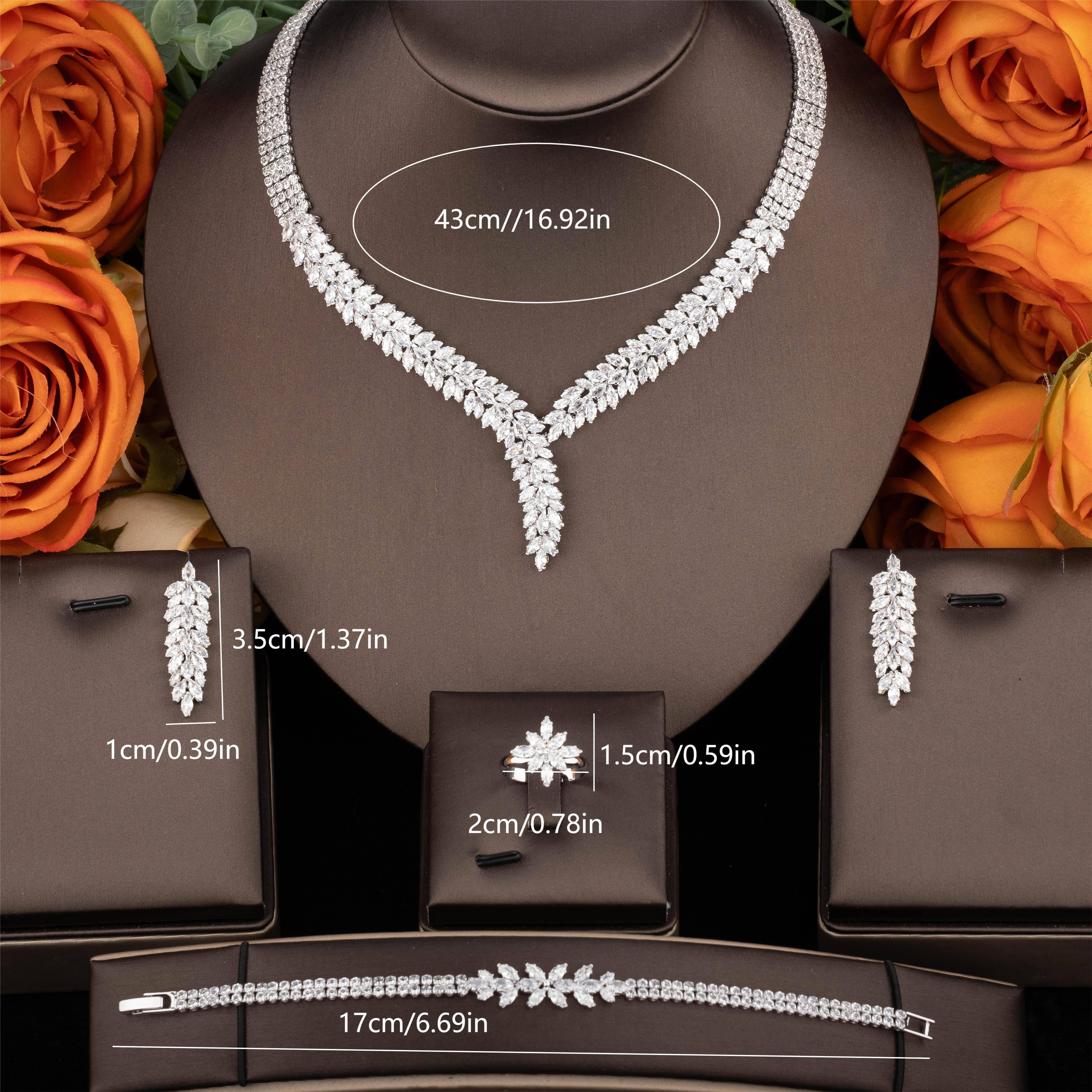 Middle Eastern Style Wedding Jewelry Set Leaf Shape Cubic Zirconia Necklace Earrings Bracelet Ring