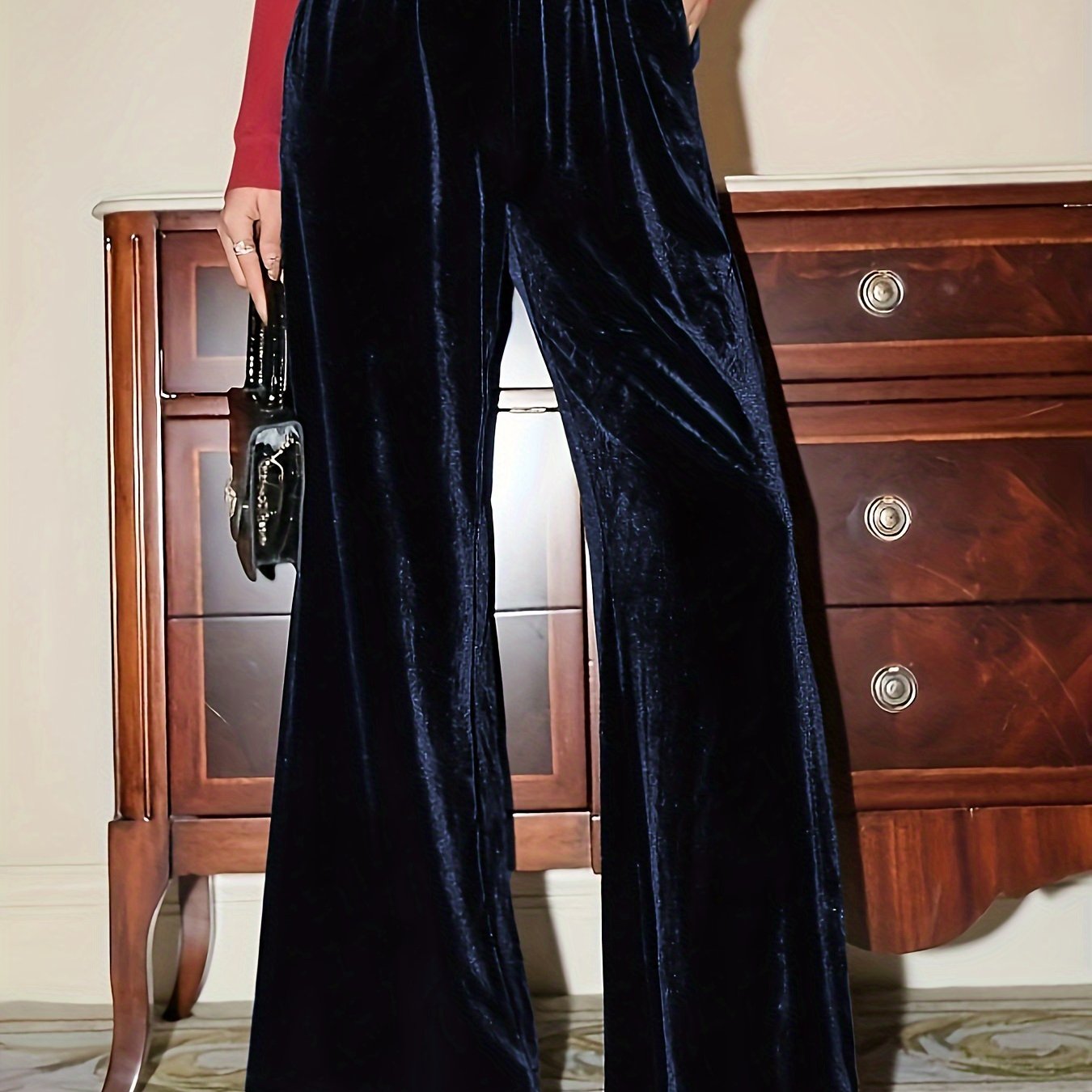 Plus Size Velvet Wide Leg Pants Elastic Waist Pockets Women's Clothing