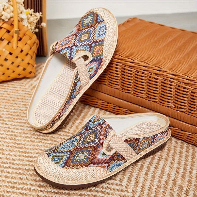 Women’s Bohemian Woven Fabric Slip-On Espadrilles Flats Beige for Beach Vacation