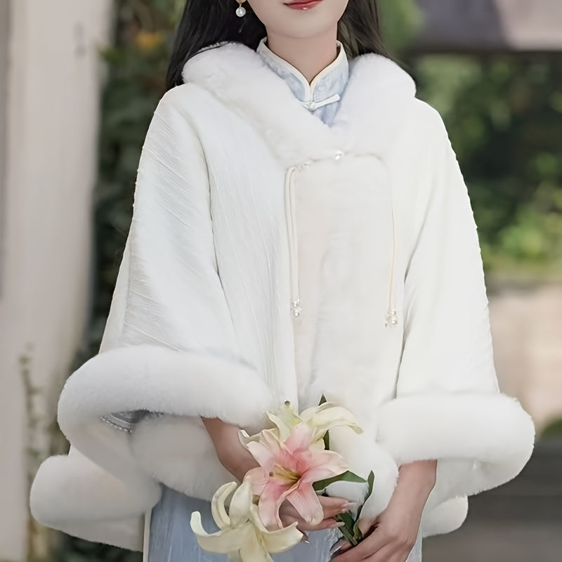 White Faux Fur Cape with Pearl Accents for Winter Elegant Shawl for Formal Occasions