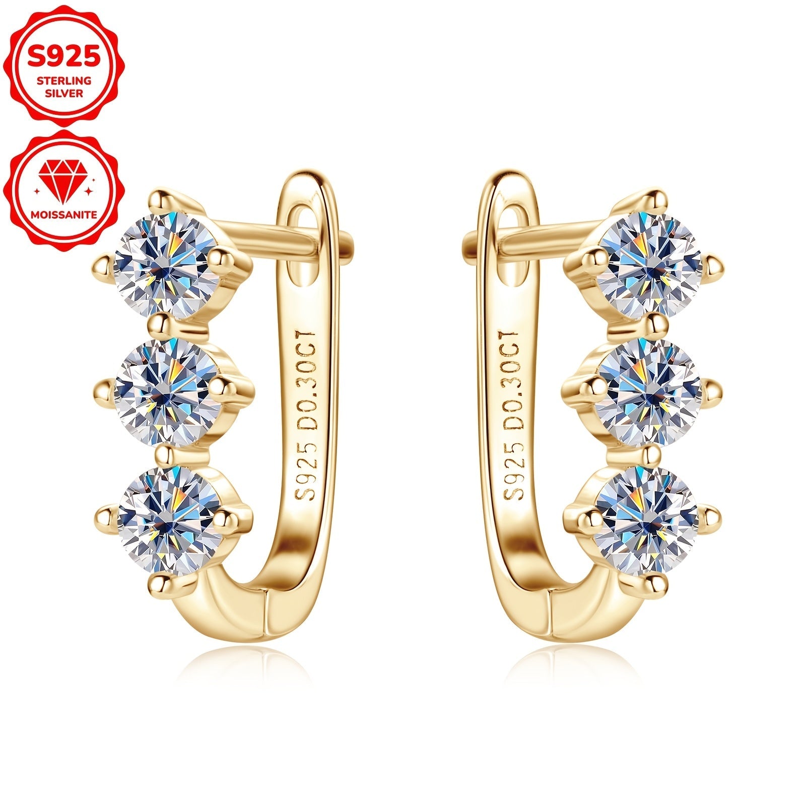 Sterling Silver Women's Hoop Earrings with Moissanite Stones 3mm 0.3ct