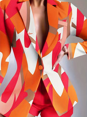 Plus Size Women's Geometric Print Blazer Slim Fit Tuxedo Jacket for Casual and Office