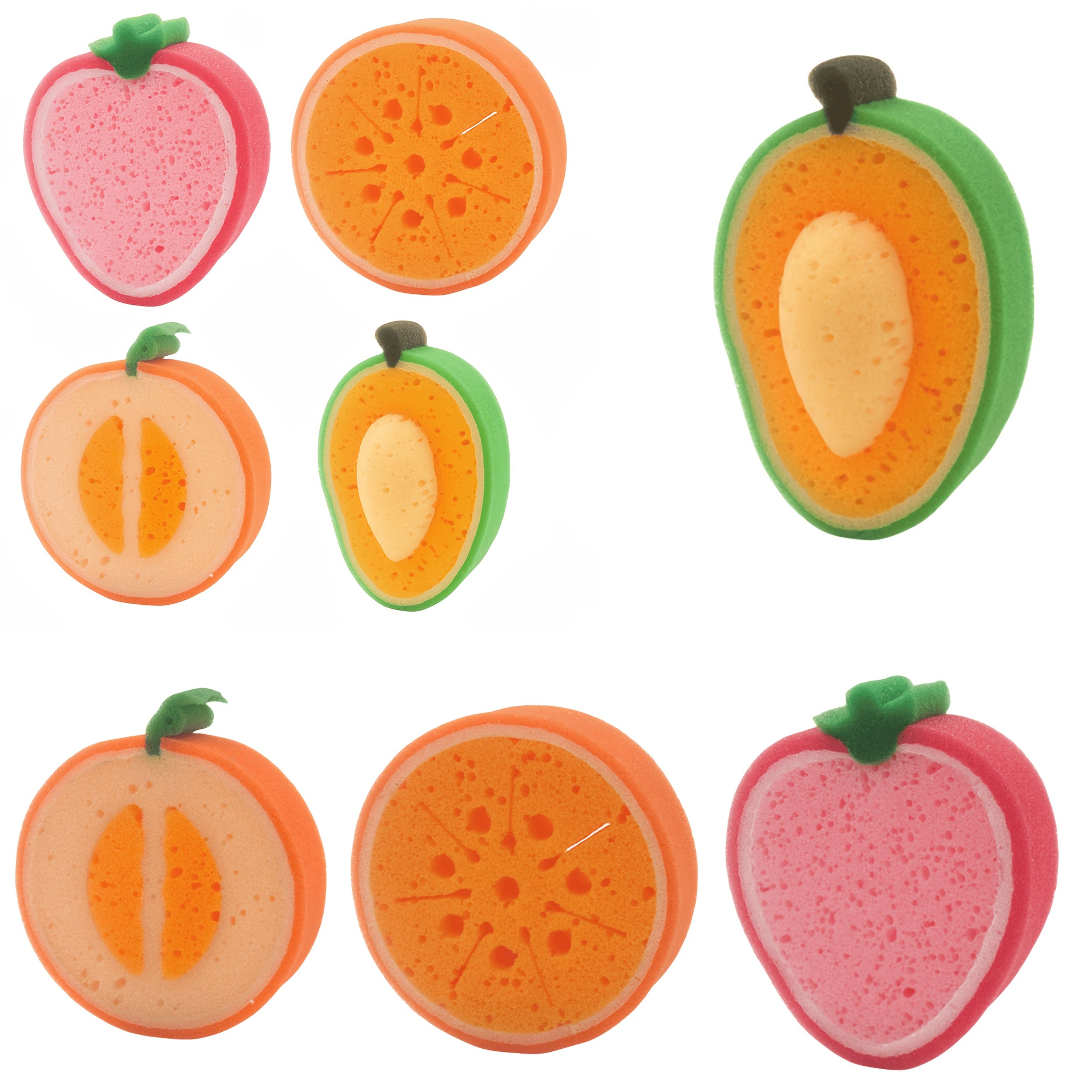 Meva shaklidagi idish cho'tkalari, 4 yoki 8 ta to'plam, ikki tomonlama bosma poliuretan tozalash cho'tkalari, siqilgan tolali material, apelsin va qulupnay dizayni bilan. Uy tozalash uchun mukammal, yashash xonasi, hammom, hojatxona va oshxonada.