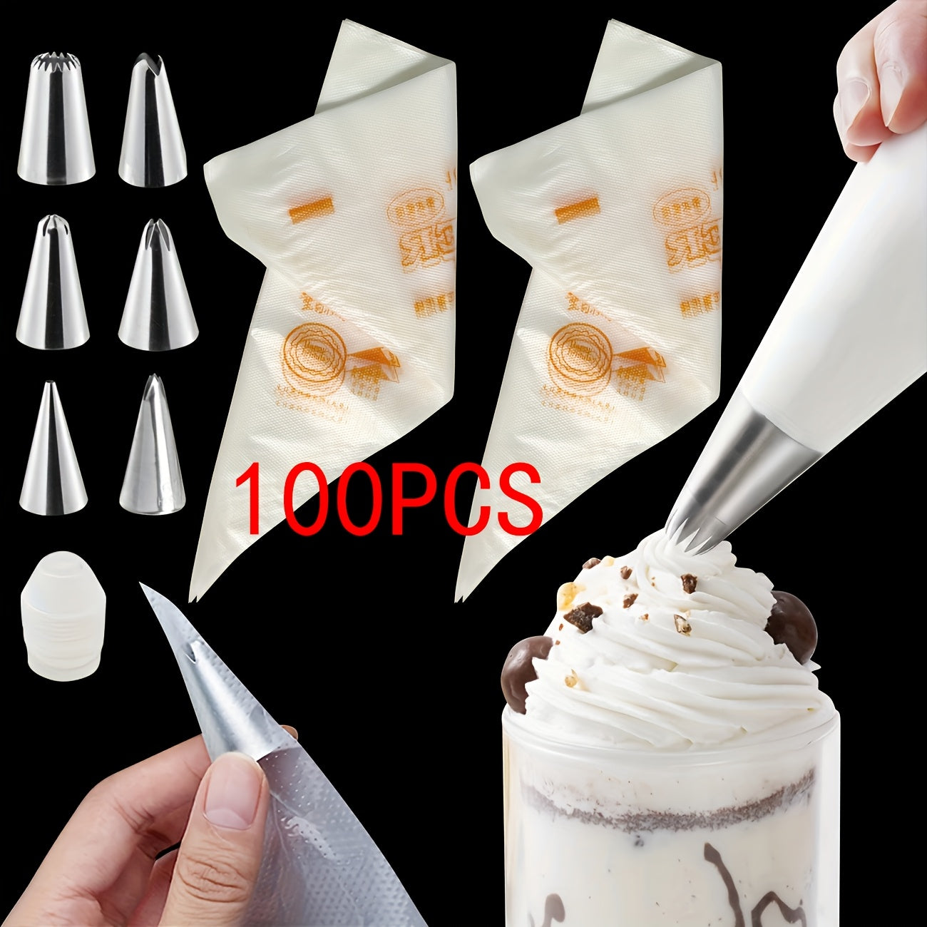 100 Disposable Plastic Pastry Bags with Tips for Baking and Cake Decorating