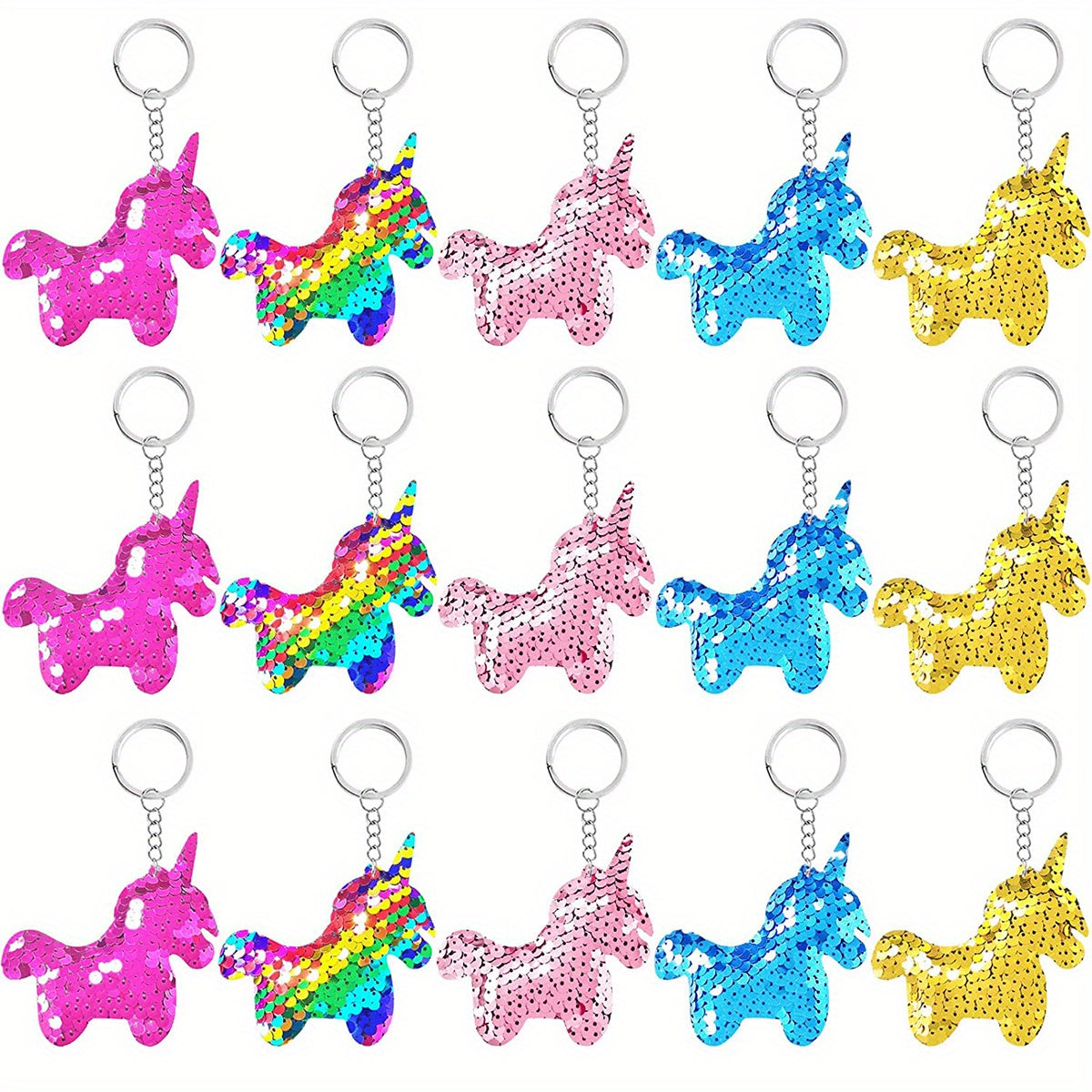 15 ta Unicorn shaklidagi kalit zanjiri to'plami, sumka bezatish va aksessuarlar uchun sekinlar, porloq kalit uzukli pandant