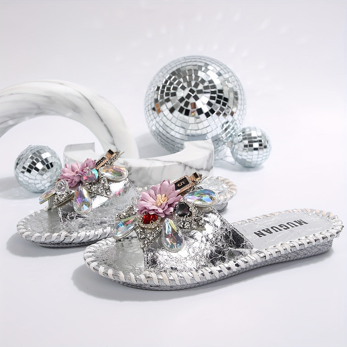 Floral Rhinestone Sandals Women Open Toe Strappy Flat Summer