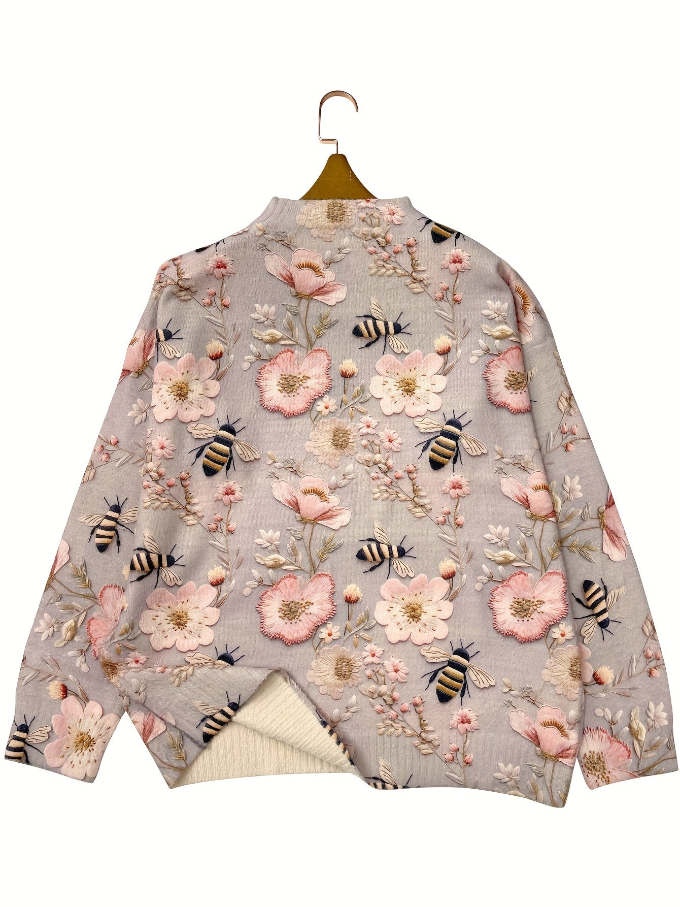 Plus Size Floral Bee Pattern Thick Crew Neck Sweater for Women