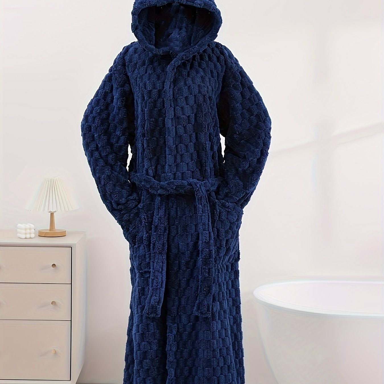 Bata de franela con capucha para hombres con bolsillo y gorro secador de cabello para todas las estaciones